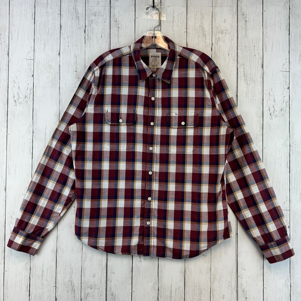 Fossil 54 Plaid Western Pearl Snap Long Sleeve Button Down Shirt Size Large